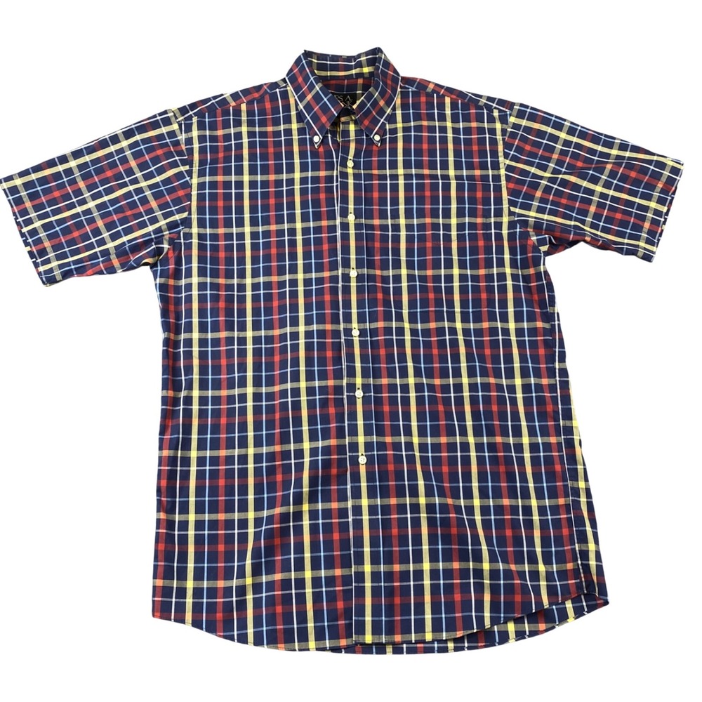 Jos A Bank Travelers Collection Men Medium Plaid Short Sleeve Cotton Button Down